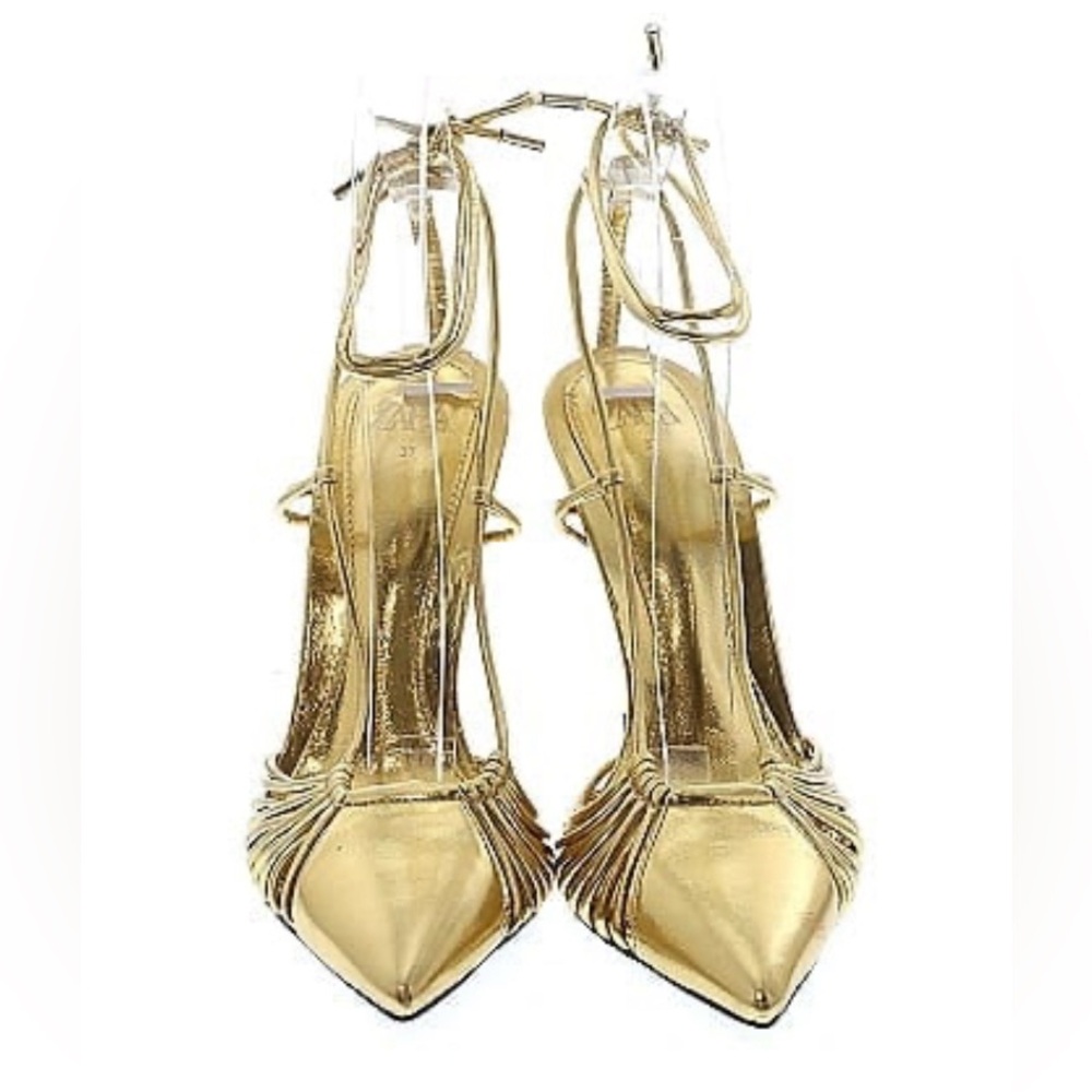 NWOT ZARA LACE UP/ METALLIC GOLD STILETTOS